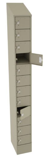 A tall, beige locker with multiple compartments, each featuring a keyhole. Two compartments are open, revealing the interior space. The locker has a slanted top and is designed for secure storage.