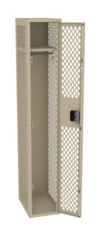 A beige metal locker with a lattice design on the door, standing open to reveal an empty interior. The locker has a single shelf and a black lock on the door.