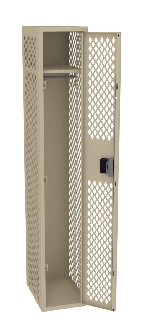 he8k72ifu4dcrbf9ypku.jpg A beige metal locker with a lattice design on the door, standing open to reveal an empty interior. The locker has a single shelf and a black lock on the door.