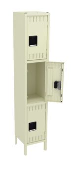 A beige metal locker with three compartments, each featuring a black rectangular label holder. The middle door is open, revealing an empty interior. The locker stands on four legs.