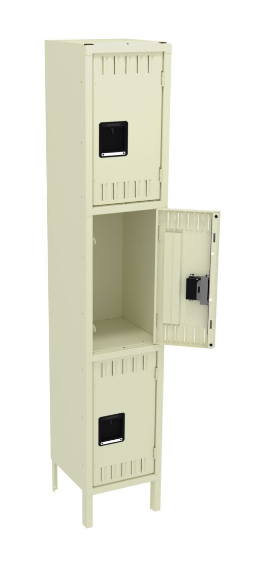 hfbsplg98dcykjw9xvjq.jpg A beige metal locker with three compartments, each featuring a black rectangular label holder. The middle door is open, revealing an empty interior. The locker stands on four legs.