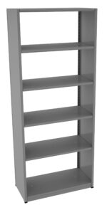 A tall, grey metal shelving unit with six shelves, standing against a white background. The shelves are evenly spaced and adjustable, designed for organizing or storing various items.