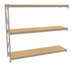 A metal-framed shelving unit with three wooden shelves. The shelves are evenly spaced, aligned horizontally, and attached to a vertical metal support on the left side. The shelving is empty against a white background.