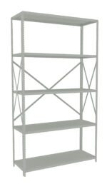 A gray metal shelving unit with five levels is shown. The unit features rectangular shelves supported by a frame with cross-bracing on the back for stability. The design is simple and industrial, suitable for storage in various environments.