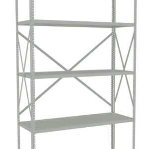 A gray metal shelving unit with five levels is shown. The unit features rectangular shelves supported by a frame with cross-bracing on the back for stability. The design is simple and industrial, suitable for storage in various environments.