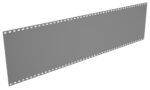 A perforated film strip with a gray surface and evenly spaced holes along both edges is displayed against a white background. The strip is oriented diagonally, giving a sense of depth and perspective.