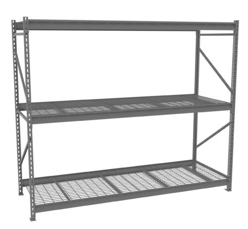 hge1ypgyydj9fa20itqr.jpg A metal storage rack with three wire mesh shelves, designed for heavy-duty use. The frame is made of steel with a grey finish, providing a sturdy structure for organizing items in a warehouse or garage setting.