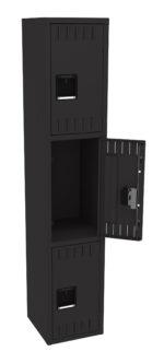A tall, black metal locker with three compartments. The top and bottom compartments are closed, while the middle one is open. Each compartment has a handle and a small rectangular label holder.