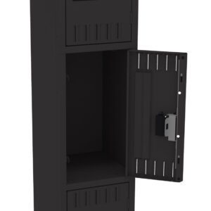A tall, black metal locker with three compartments. The top and bottom compartments are closed, while the middle one is open. Each compartment has a handle and a small rectangular label holder.