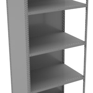 A tall, gray metal shelving unit with five empty shelves. The shelves are evenly spaced and supported by metal brackets on either side. The structure is sturdy and industrial in design, suitable for storage use.