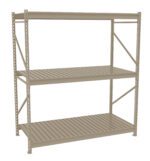 Metal shelving unit with three tiers. The shelves are made of slatted metal, supported by a sturdy frame with diagonal braces for stability. The unit is painted in a beige color and is designed for storage or organizational purposes.