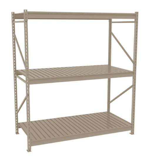 Metal shelving unit with three tiers. The shelves are made of slatted metal, supported by a sturdy frame with diagonal braces for stability. The unit is painted in a beige color and is designed for storage or organizational purposes.