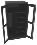 A black metal storage cabinet with two glass doors open, revealing multiple shelves on the right and a hanging space or larger compartment on the left. The cabinets sleek design is modern and functional.