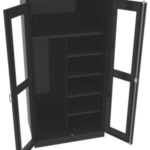A black metal storage cabinet with two glass doors open, revealing multiple shelves on the right and a hanging space or larger compartment on the left. The cabinets sleek design is modern and functional.