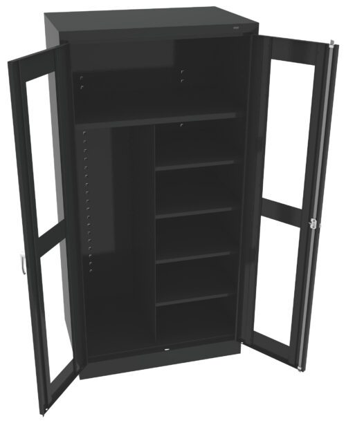 hgymak9ck3xihd8wnne9.jpg A black metal storage cabinet with two glass doors open, revealing multiple shelves on the right and a hanging space or larger compartment on the left. The cabinets sleek design is modern and functional.