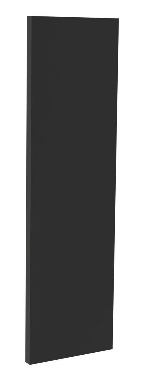 A tall, rectangular black acoustic panel, shown from a slightly angled side view, set against a white background.