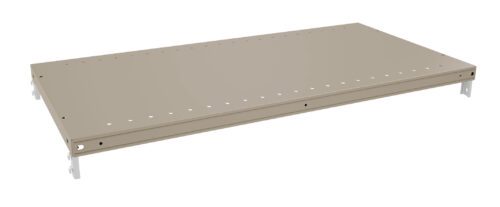 hhyx4alyzejgdv9yd8i7.jpg A beige metal shelf bracket with evenly spaced holes on the surface, designed for mounting on a shelving unit. It has support arms on each end for attachment.