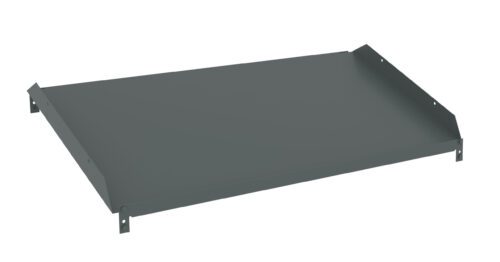 hi2hdhkfgmcqplmyhasg.jpg A flat, rectangular metal tray with raised edges on three sides, featuring small brackets at the corners. The tray is designed for holding or organizing items, with a smooth, dark gray finish.