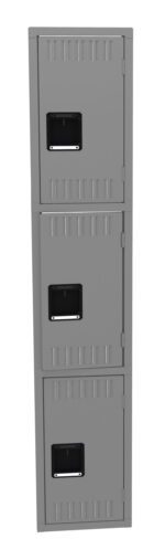 A tall, gray metal locker with three compartments, each featuring a black rectangular handle and ventilation slots. The locker is standing upright against a white background.