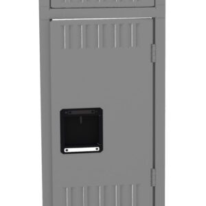 A tall, gray metal locker with three compartments, each featuring a black rectangular handle and ventilation slots. The locker is standing upright against a white background.