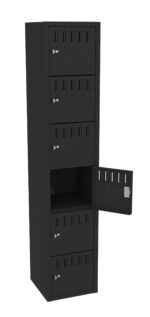 A tall black locker with six compartments. The fourth compartment from the top is open, showing its empty interior. Each compartment has a lock and ventilation slits.