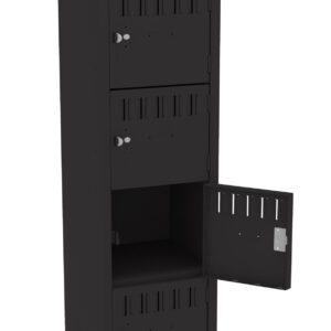 A tall black locker with six compartments. The fourth compartment from the top is open, showing its empty interior. Each compartment has a lock and ventilation slits.