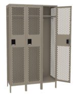 Three beige metal lockers with perforated doors. The middle locker is open, revealing interior shelving and a hanging rod. The lockers have black handles and are standing on four legs.