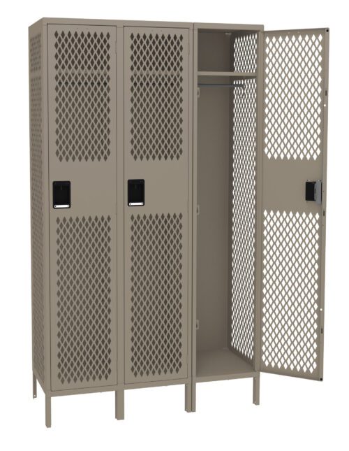 hiem9fbmixecql7nhkni.jpg Three beige metal lockers with perforated doors. The middle locker is open, revealing interior shelving and a hanging rod. The lockers have black handles and are standing on four legs.