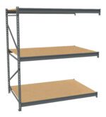 A three-tier metal shelving unit with wooden shelves. The frame is made of gray metal, supporting three spacious, flat wooden surfaces designed for storage. The shelves are evenly spaced, providing ample room for organizing items.
