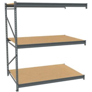 A three-tier metal shelving unit with wooden shelves. The frame is made of gray metal, supporting three spacious, flat wooden surfaces designed for storage. The shelves are evenly spaced, providing ample room for organizing items.