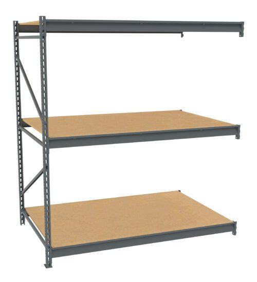 A three-tier metal shelving unit with wooden shelves. The frame is made of gray metal, supporting three spacious, flat wooden surfaces designed for storage. The shelves are evenly spaced, providing ample room for organizing items.