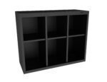 A black cube shelf with six compartments arranged in two rows and three columns. It is empty and stands against a plain white background.