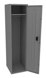 An open gray metal locker with one door ajar, revealing an empty interior. Inside, there is a hanging rod near the top. The exterior features vertical ventilation slots and a built-in lock on the door.