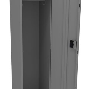 An open gray metal locker with one door ajar, revealing an empty interior. Inside, there is a hanging rod near the top. The exterior features vertical ventilation slots and a built-in lock on the door.