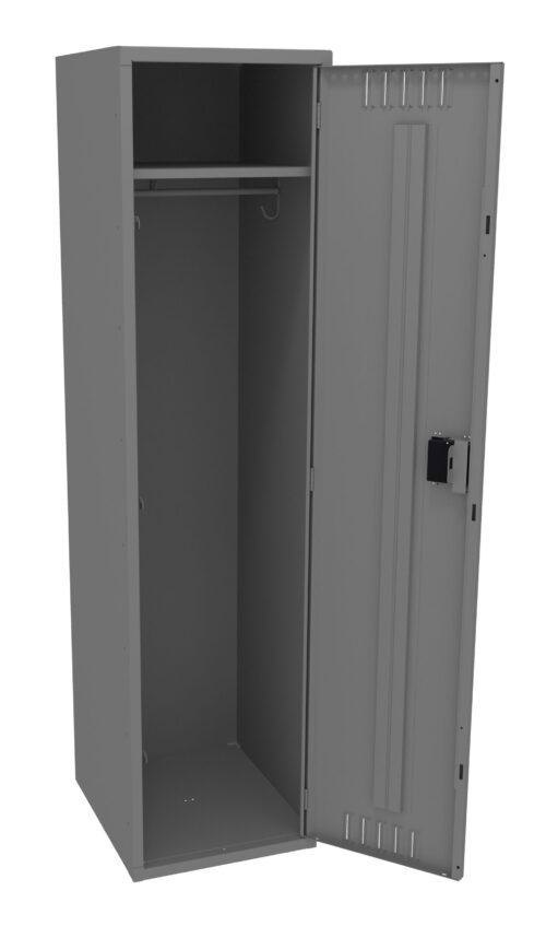 An open gray metal locker with one door ajar, revealing an empty interior. Inside, there is a hanging rod near the top. The exterior features vertical ventilation slots and a built-in lock on the door.