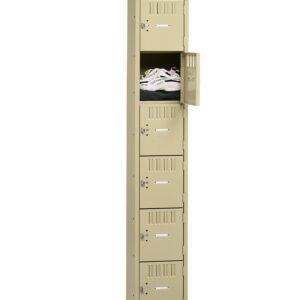 A tall, beige metal locker with six compartments, each with a small slot and handle. The third compartment is open, revealing a pair of white and green sneakers inside. All other compartments are closed.