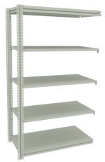 A metal storage shelving unit with six adjustable shelves. It is light gray and has a minimalist design, suitable for organizing items in a garage, warehouse, or storage room. The shelves are evenly spaced and supported by perforated metal brackets.