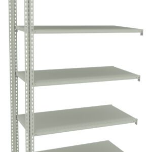 A metal storage shelving unit with six adjustable shelves. It is light gray and has a minimalist design, suitable for organizing items in a garage, warehouse, or storage room. The shelves are evenly spaced and supported by perforated metal brackets.