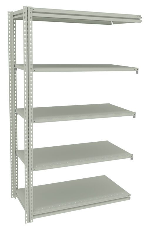 A metal storage shelving unit with six adjustable shelves. It is light gray and has a minimalist design, suitable for organizing items in a garage, warehouse, or storage room. The shelves are evenly spaced and supported by perforated metal brackets.