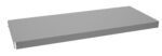 A flat, rectangular gray metal shelf viewed from an angle, showing its length and thin profile. It has a smooth surface and slightly raised edges on the sides.