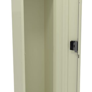 Open beige metal locker with one door. Inside, theres a top shelf and a hanging rod. The locker has a rectangular shape with a handle on the door.