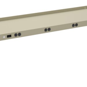 A beige metal rack mount with power outlets and ports, designed to be installed on a desk or workstation. It features multiple circular sockets and a rectangular panel, possibly for electronic equipment connections.