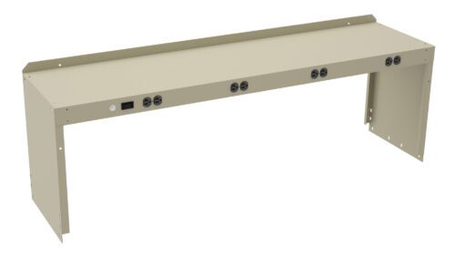 hknlg98mwjunhfvnylpk.jpg A beige metal rack mount with power outlets and ports, designed to be installed on a desk or workstation. It features multiple circular sockets and a rectangular panel, possibly for electronic equipment connections.
