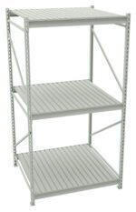 Gray metal shelving unit with three tiers and slatted shelves. The structure features vertical support beams and diagonal braces for stability. Suitable for storage or organizing items in a home, garage, or industrial setting.