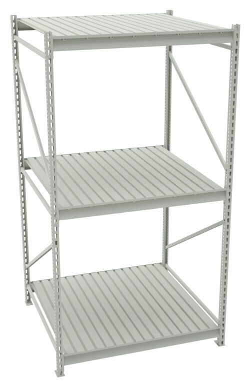 Gray metal shelving unit with three tiers and slatted shelves. The structure features vertical support beams and diagonal braces for stability. Suitable for storage or organizing items in a home, garage, or industrial setting.