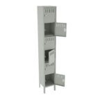 A tall, light gray metal locker with four compartments, three of which are open. The locker is vented and stands on four legs, suitable for storing personal items.
