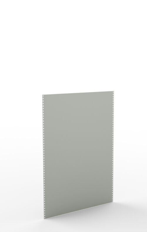 hl090q5fbxg5jblc852j.jpg A square sheet of perforated metal with small evenly spaced holes along the edges, standing upright against a plain white background. The metal has a gray surface, giving it a minimalist and industrial appearance.