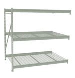 A metal storage rack with three wire mesh shelves. The structure is light gray, sturdy, and suitable for organizing various items in a garage or warehouse setting. The rack is shown from an angle to display the shelving tiers.