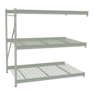 A metal storage rack with three wire mesh shelves. The structure is light gray, sturdy, and suitable for organizing various items in a garage or warehouse setting. The rack is shown from an angle to display the shelving tiers.
