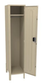 A single beige metal locker with one door open, revealing a hook and a shelf inside. The locker has a simple design, and the door includes ventilation slits and a latch for securing with a lock.
